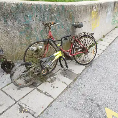 Two bikes recovered under the Reichsbrücke leaning against a wall