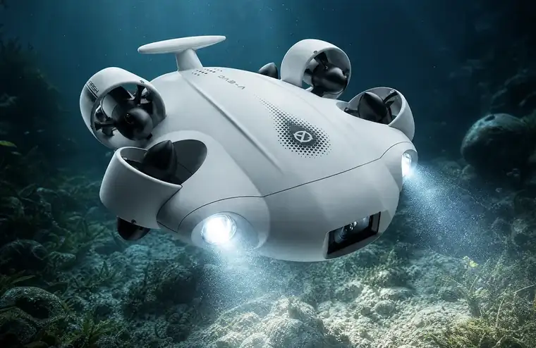 FIFISH V-EVO underwater drone with its lights on above the lake bed